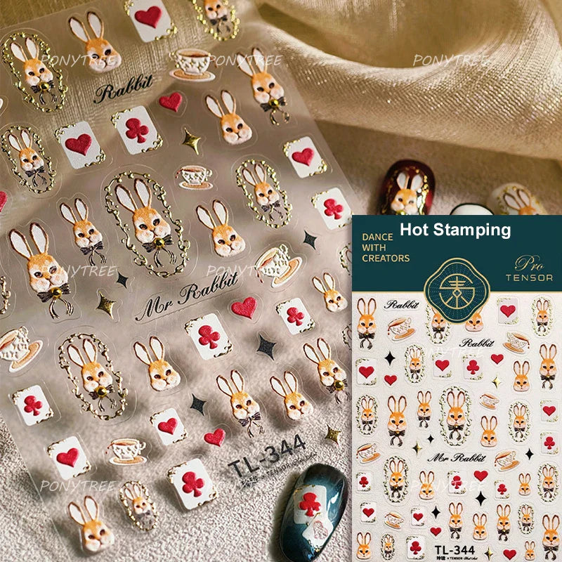 Rabbit Bunny Bear Flower Lace Bowknot Retro Frame Rose Self Adhesive Nail Art Decoration Stickers Chic Manicure Decals Wholesale (ONLINE ORDER ONLY)