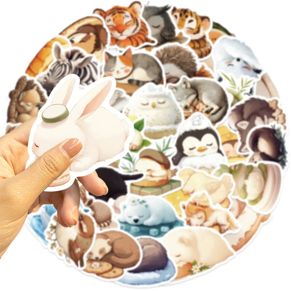 50pcs Sleeping Animals Cartoon Stickers Perfect for Scrapbooking Diaries Laptops Bumpers Water Bottles Computers Phones Sticker (Online Order Only)
