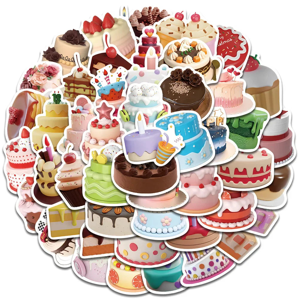 50pcs Vinyl Laptop Decals Cute Cartoon Birthday Cakes Stickers For Luggage Guitar Phone Diary Waterproof Graffiti (ONLINE ORDER ONLY)