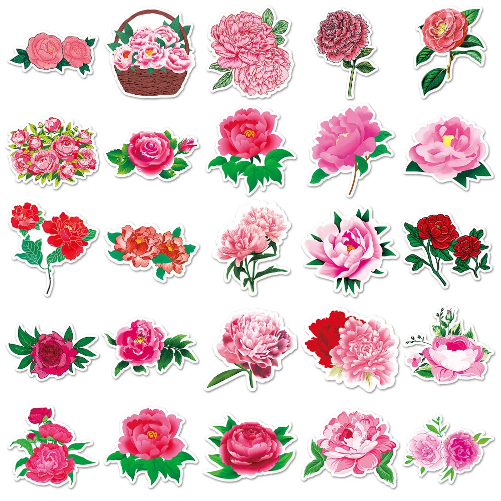10/50Pcs Peony Stickers Cartoon Stickers Graffiti Decals Waterproof Motorcycle Luggage Guitar Skateboard Kid Gift Sticker (Online Order Only)