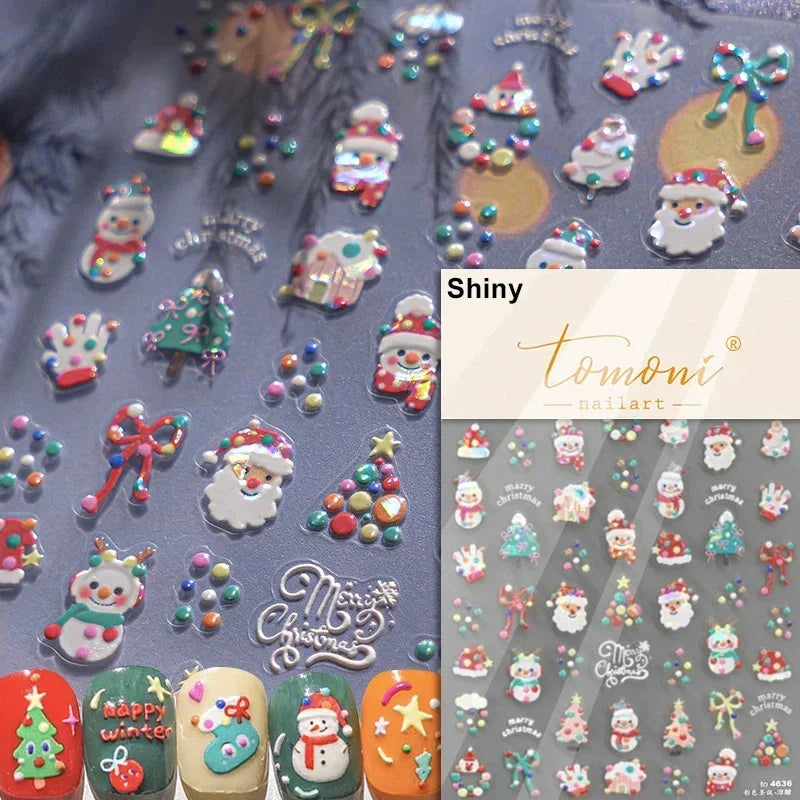 Dressy Embossment Colorful Gradient Snowflakes Laser Silver Christmas Tree Winter Bowknot Santa Nail Art Stickers Manicure Decal (Online Order Only)