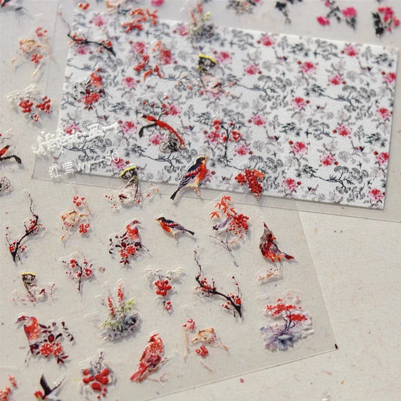 Red Azalea Rose Peony Crane Warbler Bird Fish Lily Chicken Rabbit Lobster Flower Retro Chinese Nail Art Sticker Decoration Decal (Online Order Only)