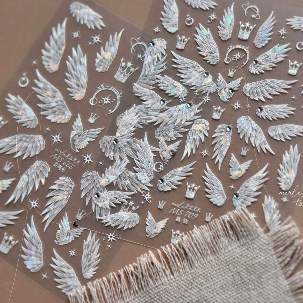 Charming White Shiny Pearl Rhinestone Wings Feathers Crown Moon Stars 3D Self Adhesive Nail Art Sticker Manicure Decal Wholesale (ONLINE ORDER ONLY)