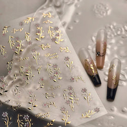 Pink Flower Hot Stamping Silver Leaves Branch Wicker Willow Plant Chic Adhesive Nail Art Decorations Stickers Manicure Decals (Online Order Only)
