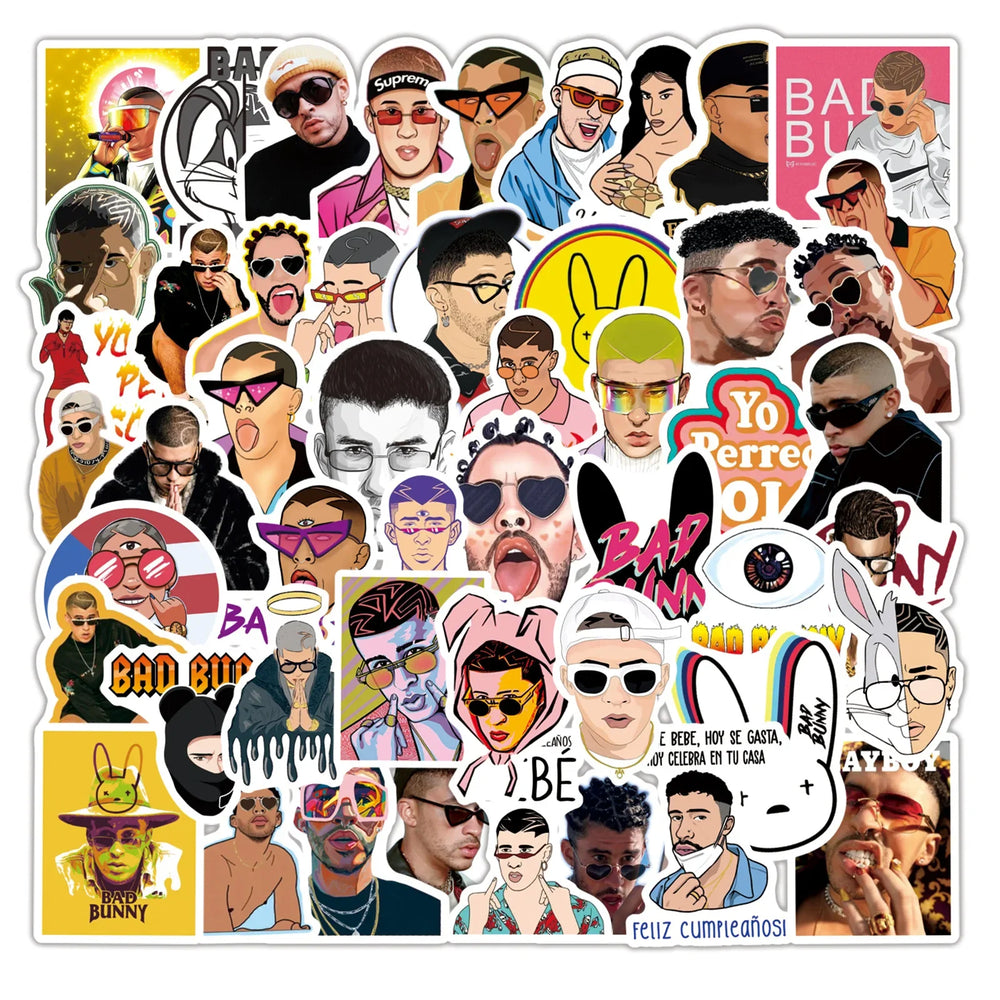 10/30/50pcs Pop Singer Bad Bunny Graffiti Sticker Scrapbook Kids Toys Pvc Laptop Waterproof Notebook Trolley Cool Decal Stickers (ONLINE ORDER ONLY)