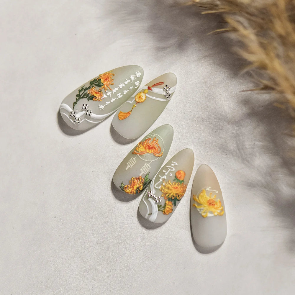 Antique Changle Flower Chrysanthemum Jade Pendant Feathers Green Leaf Adhesive Nail Art Stickers Flat Embossment Manicure Decals (Online Order Only)