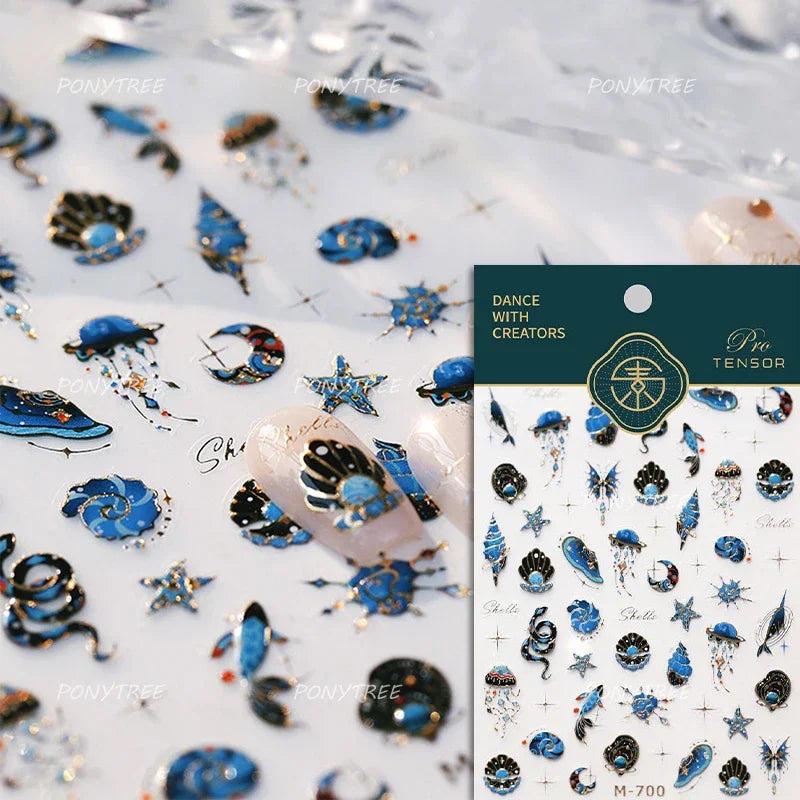 Blue Butterfly Planet Star Conch Snake Shell Clam Pearl Whale Jellyfish Moon Adhesive Nail Art Stickers Dreamy Manicure Decals (Online Order Only)
