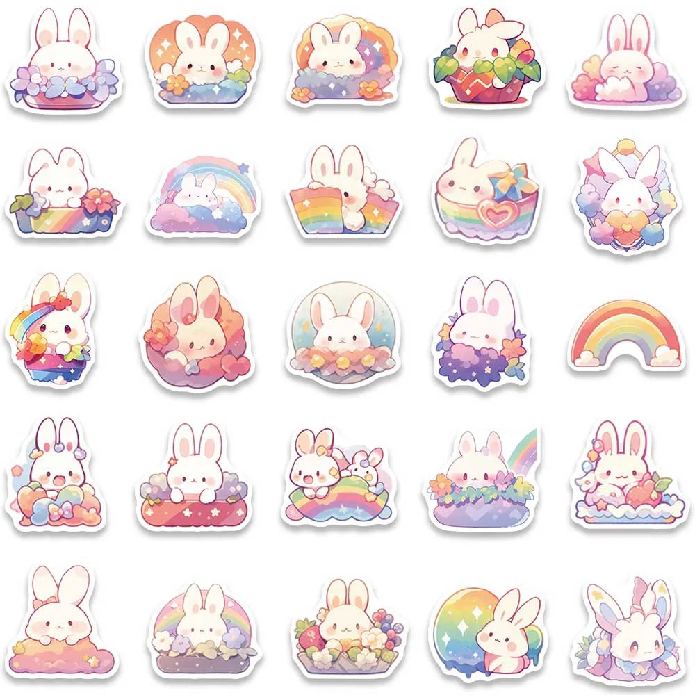 50pcs Cute Cartoon Rainbow Rabbite Animal Stickers For Laptop Phone Guitar Luggage Waterproof Graffiti Vinyl Car Decals (ONLINE ORDER ONLY)