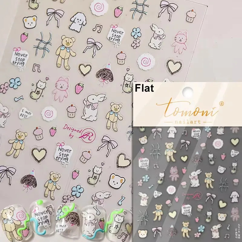 Pink Running Rabbit Bowknot Wreath Bunny Flower Tie Totem Pattern Self Adhesive Nail Art Sticker Pearl Rhinestone Manicure Decal (Online Order Only)
