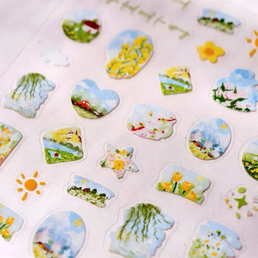 Painting Sketch Tulip Daisy Willows Scenery Daisy Colorful Flowers Sun Star Butterfly Wicker 3D Nail Art Stickers Manicure Decal (ONLINE ORDER ONLY)