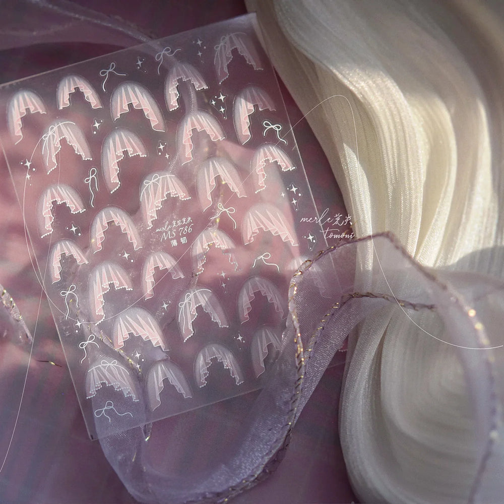 French Skirt Hem Halo Dyeing Purple Pink White Hemline Bowknot Wedding Veil Dreamy Star Adhesive Nail Art Sticker Manicure Decal (ONLINE ORDER ONLY)