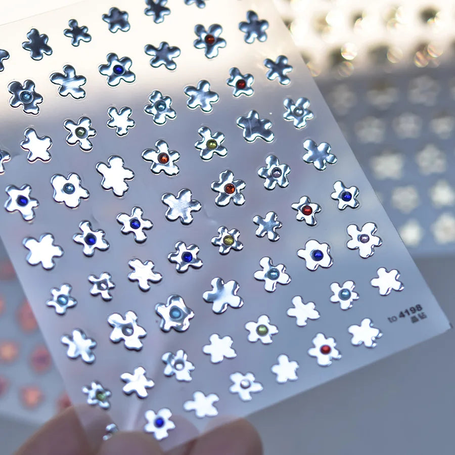 Hot Stamping Laser Silver Pink White Flower Rhinestone Pearl Irregular Petal Adhesive Nail Art Decoration Sticker Manicure Decal (ONLINE ORDER ONLY)