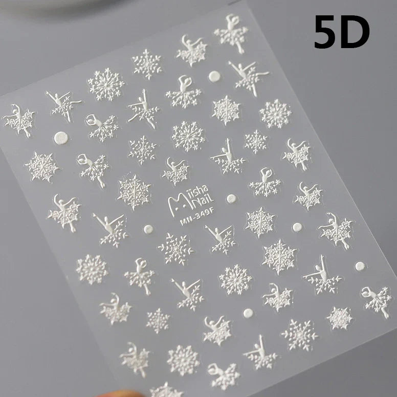 Hot Stamping Romantic White Gold Snowflakes Hexagon Winter 3D Self Adhesive Nail Art Stickers Shiny Rhinestone Manicure Decals (Online Order Only)