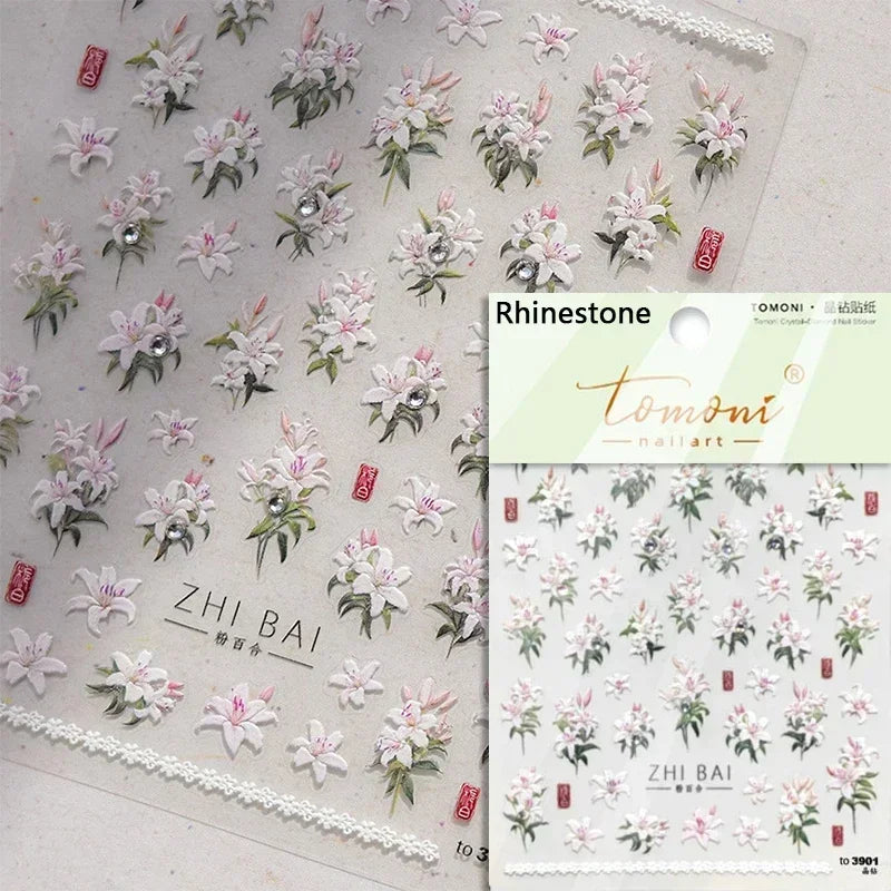 Charming Dreamy Shiny Jelly Blue Gradient Lily Flowers Rose Petal White Dot Chinese Colorful Nail Art Stickers Manicure Decals (ONLINE ORDER ONLY)