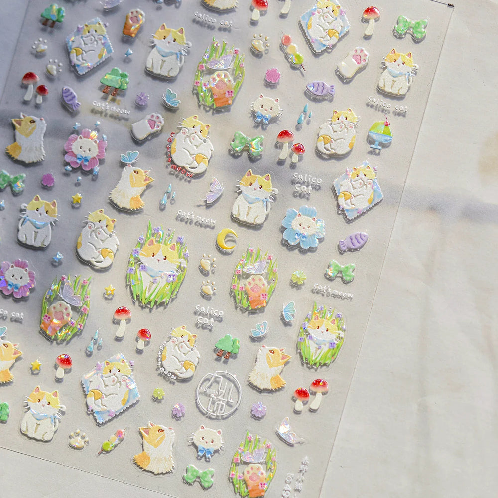 Picnic Cat Kitten Bowknot Flower Fish Butterfly Tree Mushroom Star Moon Cat's Paw Adhesive Nail Art Sticker Cute Manicure Decals (Online Order Only)