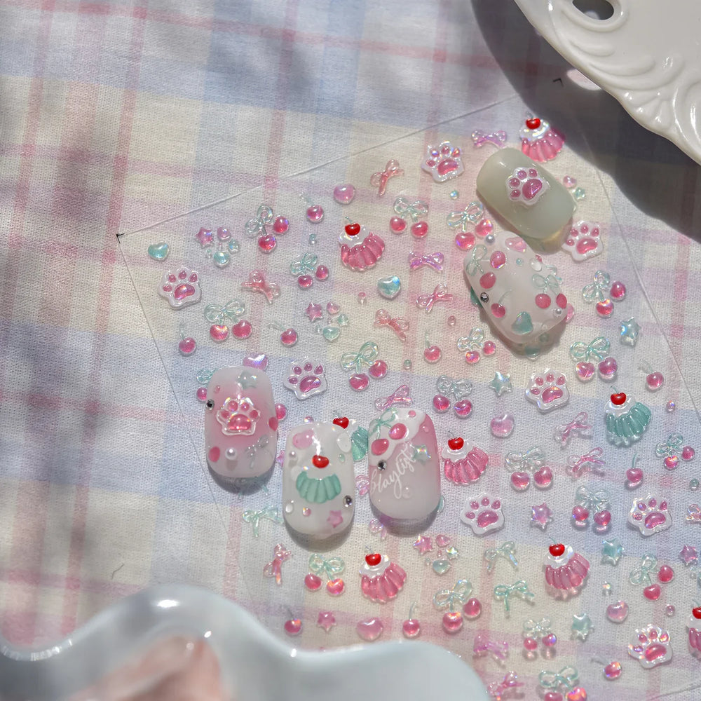 Colored Shiny Jelly Claw Paw Pudding Dessert Cherry Bowknot Cake Bow Tie Drink Food Love Heart Nail Art Sticker Manicure Decal (ONLINE ORDER ONLY)