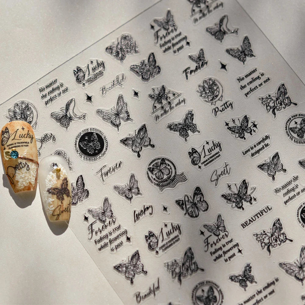 Flower Bowknot Butterfly Plant Leaf English Letter Rose Hand Drawn Embossed Relief Self Adhesive Nail Art Sticker Manicure Decal (ONLINE ORDER ONLY)