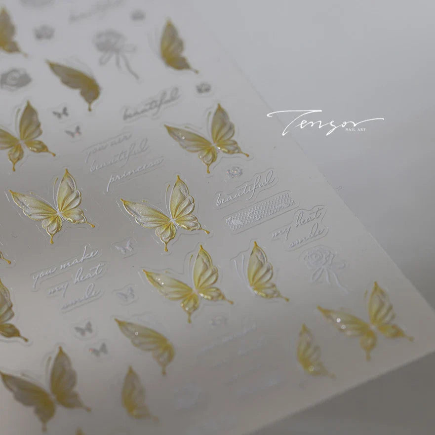 Yellow Butterfly Rose Flower Lace Gradual Wing Charming Romantic Jelly Camellia Self Adhesive Nail Art Stickers Manicure Decals (Online Order Only)