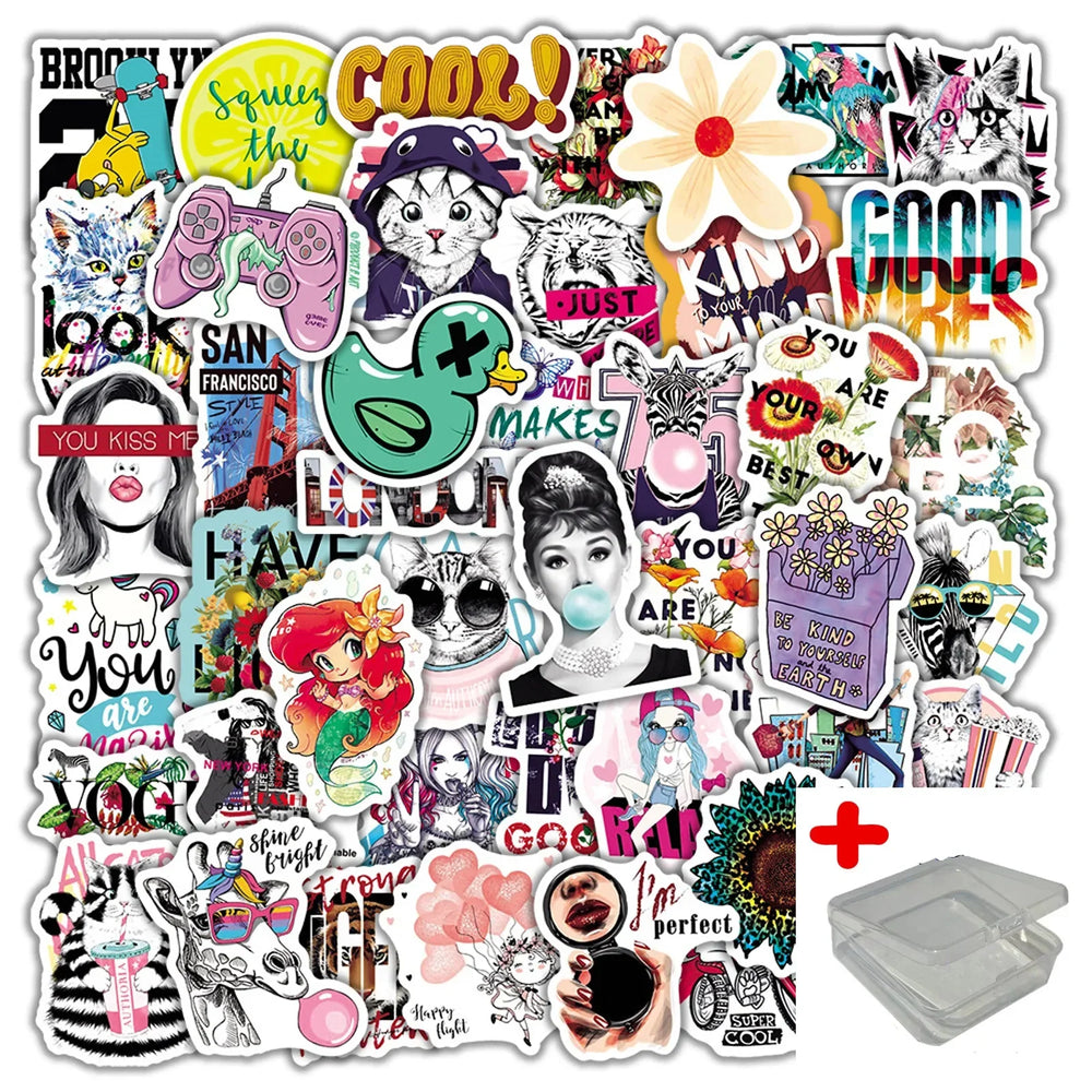 50pcs Cartoon Graffiti Stickers for Wall & Desktop Decoration with Storage Box (Online Order Only)