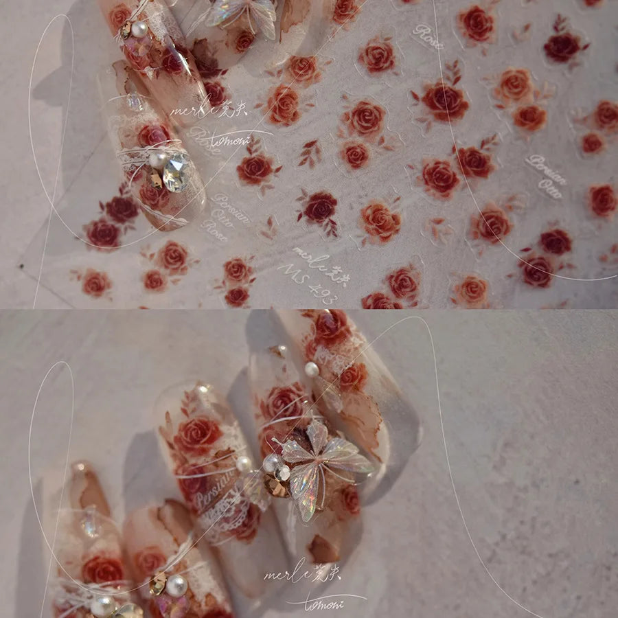 Gradient Halo Dyeing Dark Red Rose Flower Rhinestone Lace Bow Heart 3D Self Adhesive Nail Art Decoration Sticker Manicure Decals (ONLINE ORDER ONLY)