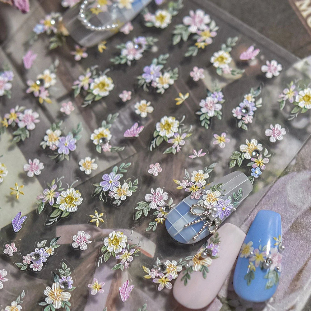 Flower Garden Purple Yellow Pink Daisy Butterfly Delicate 5D Soft Relief Adhesive Nail Art Decoration Sticker 3D Manicure Decals (ONLINE ORDER ONLY)