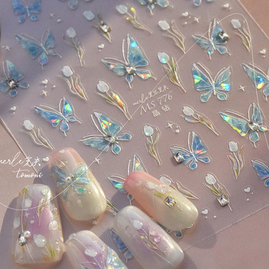 Blue Purple Tulip Flower Butterfly Garden Blossom Floral Charming Delicate 5D Relief Adhesive Nail Art Stickers Manicure Decals (ONLINE ORDER ONLY)