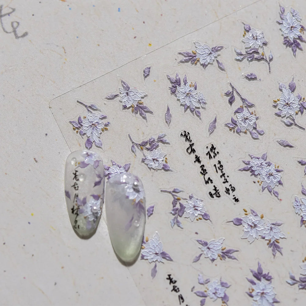 Trumpet Creeper White Flower Purple Leaves Antique Special Characters 5D Soft Relief Adhesive Nail Art Stickers Manicure Decals (ONLINE ORDER ONLY)