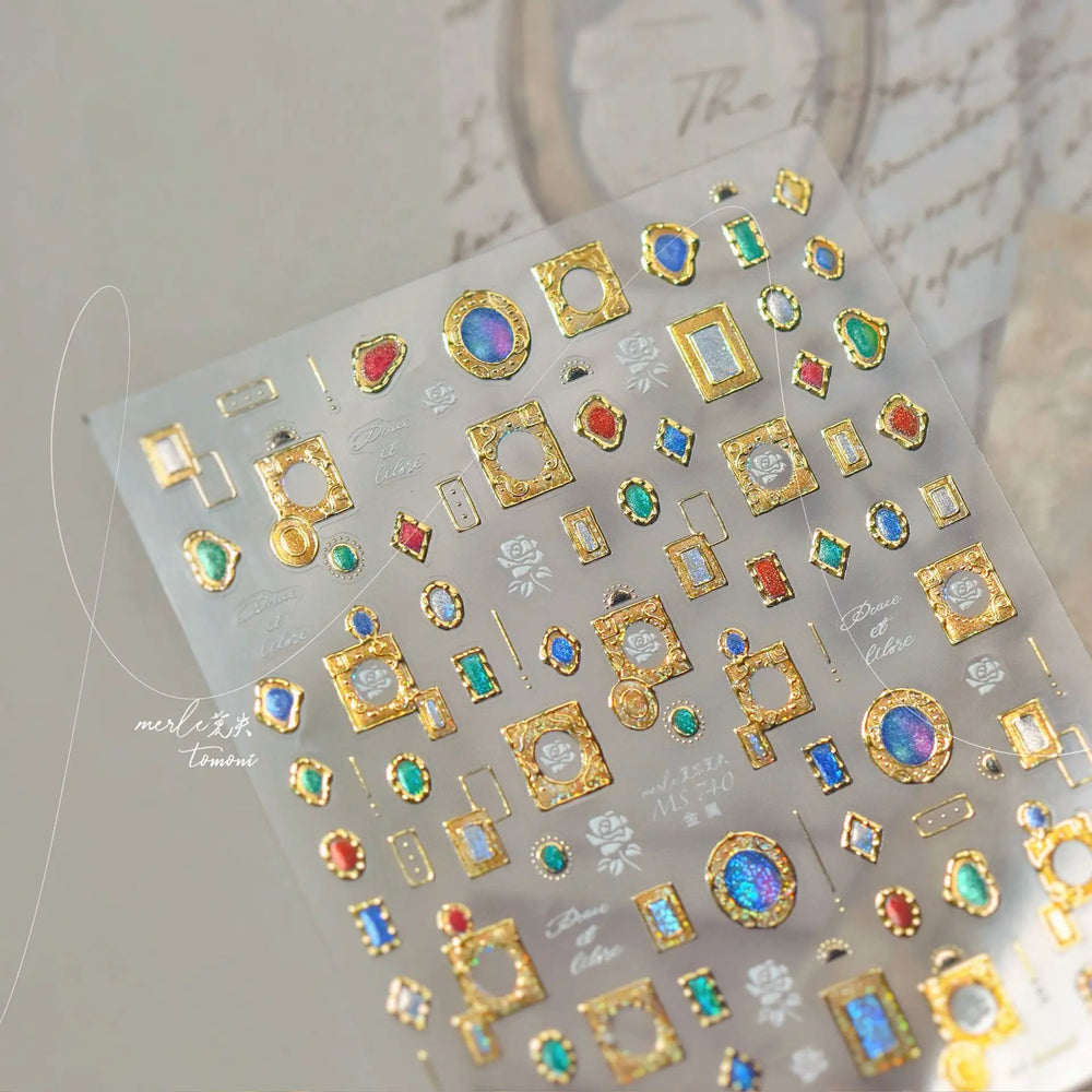 Retro Glass Geometry Glaze Rectangle Round Rose Camellia Adhesive Nail Art Stickers Frame Gemstone Charm Noble Manicure Decals (ONLINE ORDER ONLY)