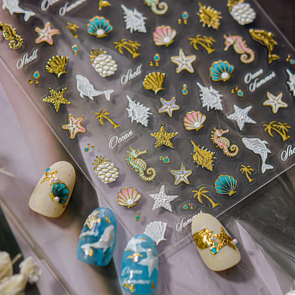 Hot Stamping Seahorse Dolphin Shell Conch Starfish Coconut Tree Jackfruit Water Bubbles Ocean Nail Art Stickers Manicure Decals (ONLINE ORDER ONLY)