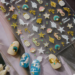 Hot Stamping Seahorse Dolphin Shell Conch Starfish Coconut Tree Jackfruit Water Bubbles Ocean Nail Art Stickers Manicure Decals (ONLINE ORDER ONLY)