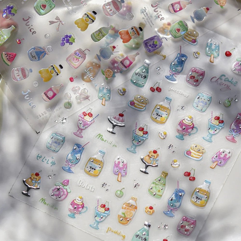 Soda Fruit Beverage Bottle Bear Watermelon Popsicle Dessert Ice Cream Cat Cherry Strawberry Bow Summer Nail Art Stickers Decals (ONLINE ORDER ONLY)