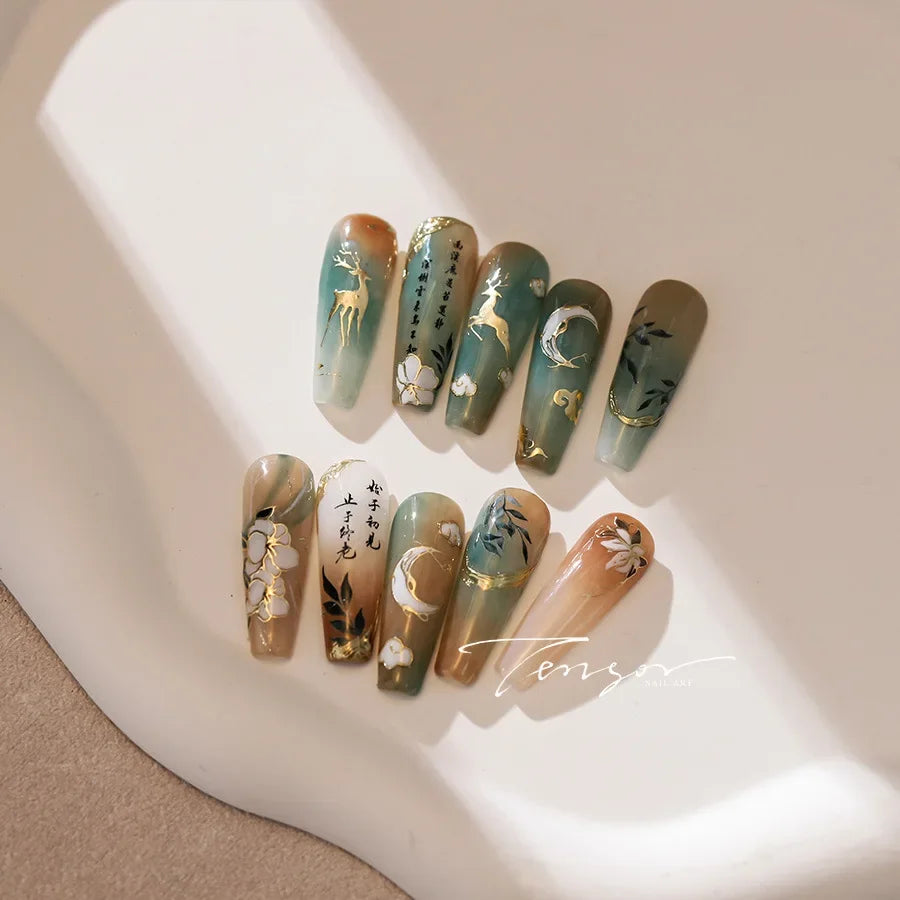 Chinese Style Gold Stamped God Deer Moon Auspicious Clouds Crane Lotus Flower 3D Self-adhesive Nail Art Stickers Manicure Decals (ONLINE ORDER ONLY)