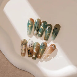 Chinese Style Gold Stamped God Deer Moon Auspicious Clouds Crane Lotus Flower 3D Self-adhesive Nail Art Stickers Manicure Decals (ONLINE ORDER ONLY)