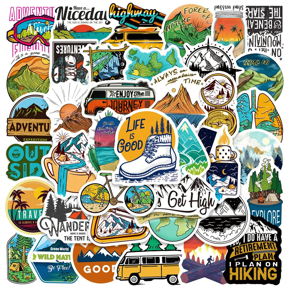 10/50/100pcs Outdoor Hiking Camping Stickers Aesthetic Decals Skateboard Phone Laptop Bike Car Travel Luggage Waterproof Sticker (ONLINE ORDER ONLY)