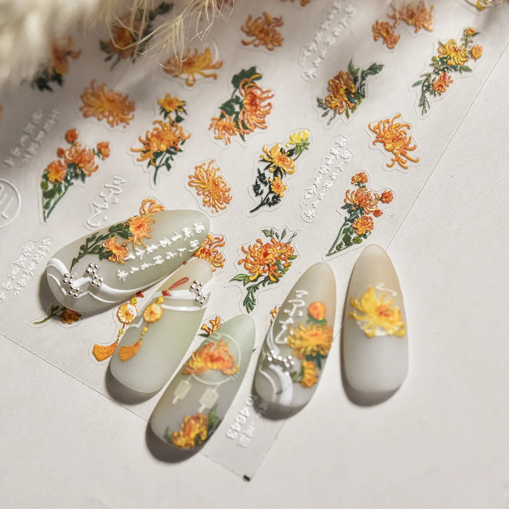 Antique Changle Flower Chrysanthemum Jade Pendant Feathers Green Leaf Adhesive Nail Art Stickers Flat Embossment Manicure Decals (Online Order Only)