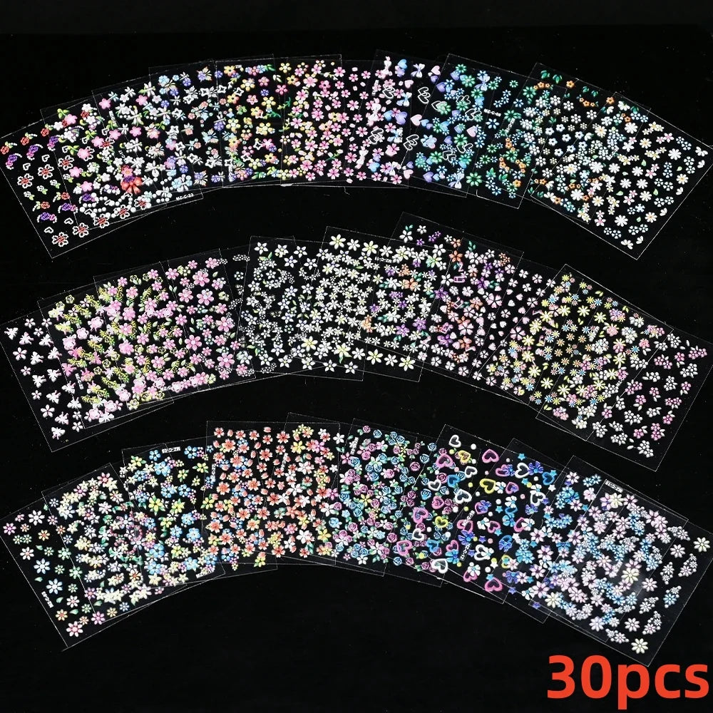 30Pcs/Set Red Golden 3D Nail Art Sticker Hot Stamping Hollow Decals Mixed Designs Adhesive Flower Nail Tips Letter Butterfly Set (Online Order Only)