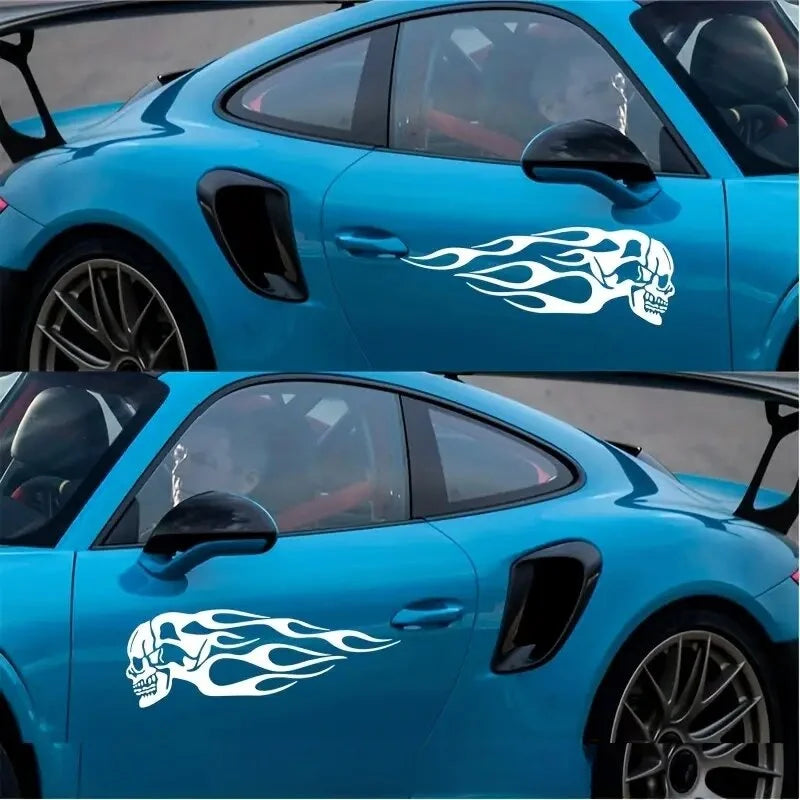 2Pcs Skull Flames Badge Car Stickers, Fashion Waterproof Vinyl Decal Car Styling Decoration Accessories Auto Sticker (ONLINE ORDER ONLY)