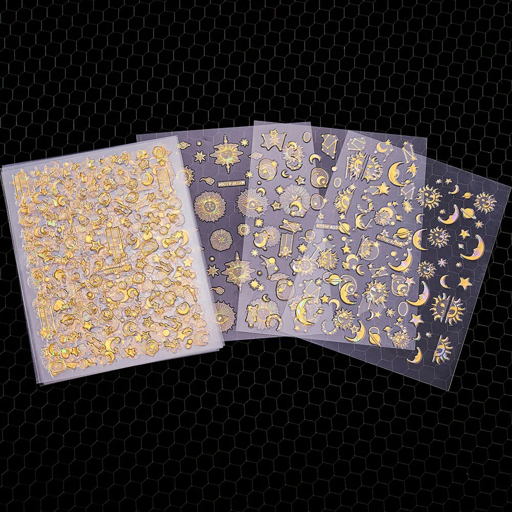 6 Sheets Moon/Star Nail Art Sticker Adhesive Gold Color Sticker Sheets Universal Constellation Shapes Sticker Art Decoration (ONLINE ORDER ONLY)