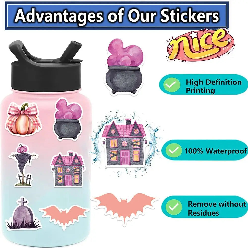 10/50pcs Kawaii Pink Halloween Ghost Skull Pumpkin Stickers Notebook Guitar Skateboard Waterproof Cute Decorative Sticker Toy (ONLINE ORDER ONLY)