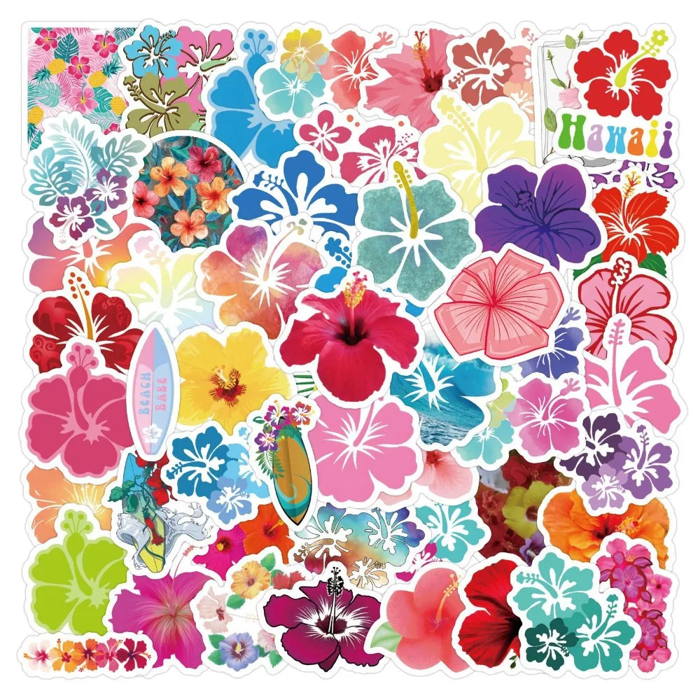 10/60pcs Vivid Hibiscus Flowers Cartoon Little Fresh Style Stickers Graffiti Decals for Laptop Guitar Suitcase Skateboard Kids (ONLINE ORDER ONLY)