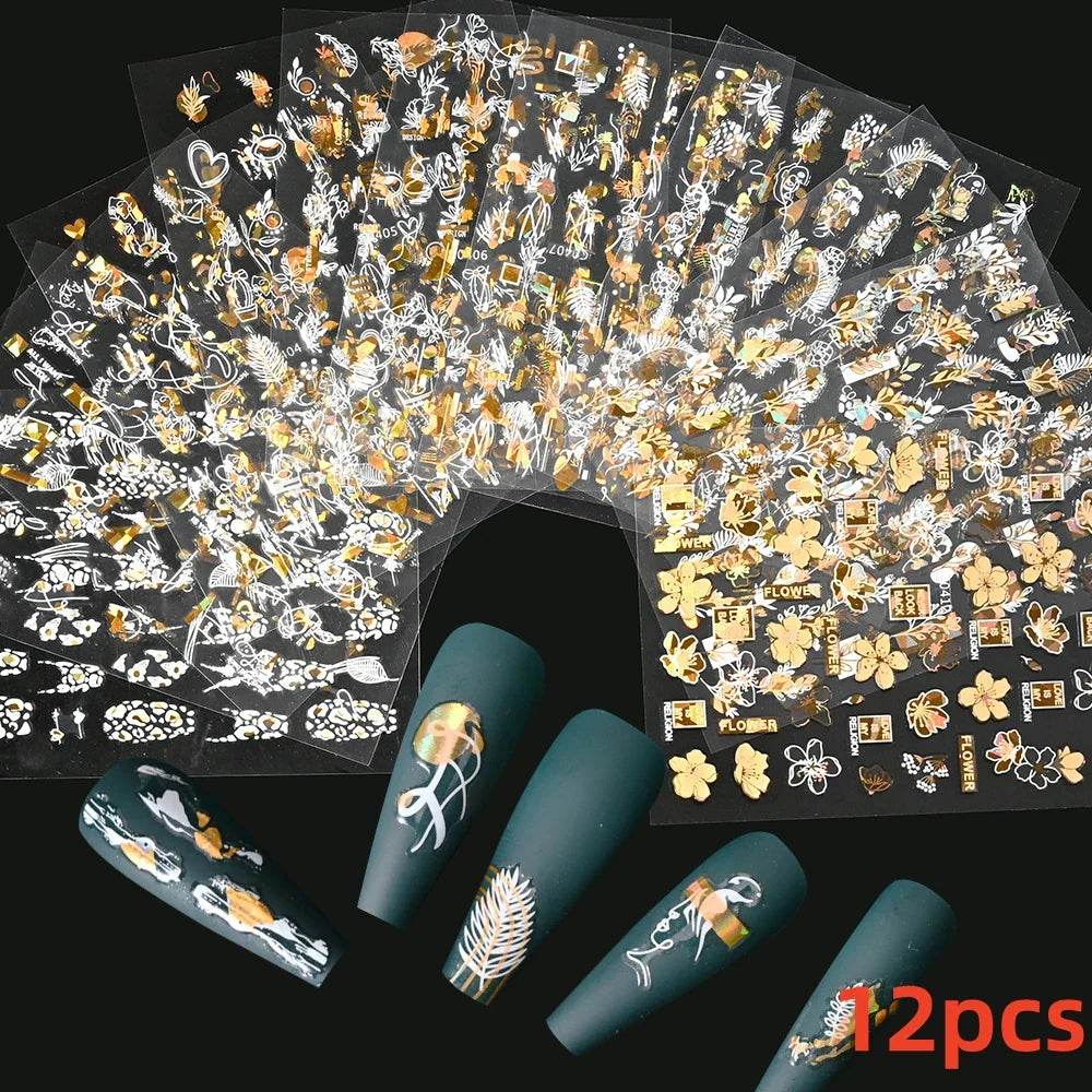 12Pcs 3D Golden Red Glitter Heart Love Nail Sticker Valentine Self Adhesive Cartoon Decal Geometry Lines Stripe Slider Manicure* (ONLINE ORDER ONLY)