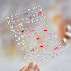 Doodle Pink Blue Ribbon Bowknot Flower Cherry Strawberry Graffiti Love Heart Delicate Embossed Nail Art Sticker Manicure Decals (ONLINE ORDER ONLY)