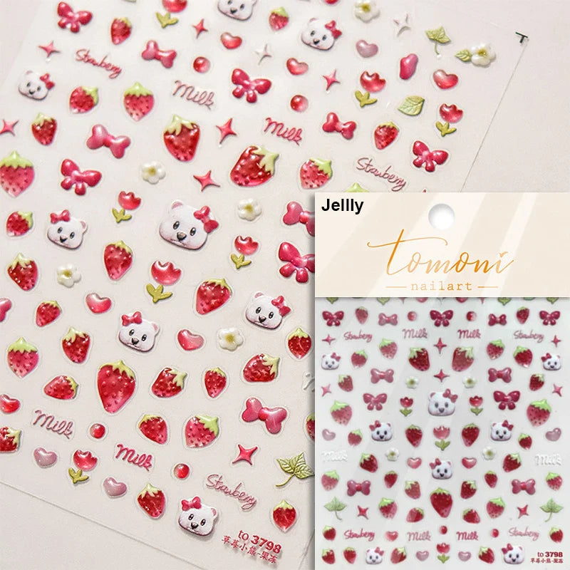 Chic Cute Cheese Ice Cream Pudding Bowknot Strawberry Muffin Stars Cake Embossed Heart Adhesive Nail Art Sticker Manicure Decals (ONLINE ORDER ONLY)