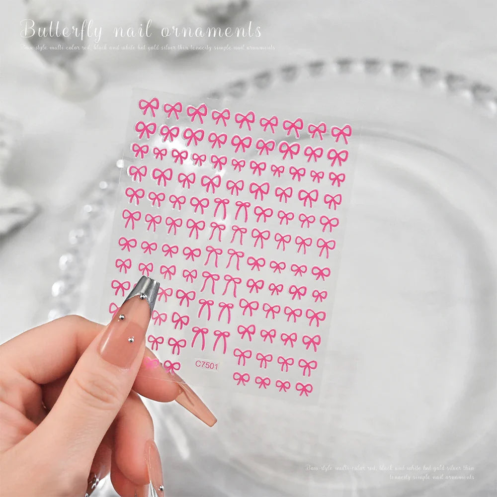 6pcs/Set Lovely Line Bowknot Nail Sticker Gold Silver Black White Pink Red Bow Tie Mini Bowknot 3D Self Adhesive Manicure Decals (ONLINE ORDER ONLY)
