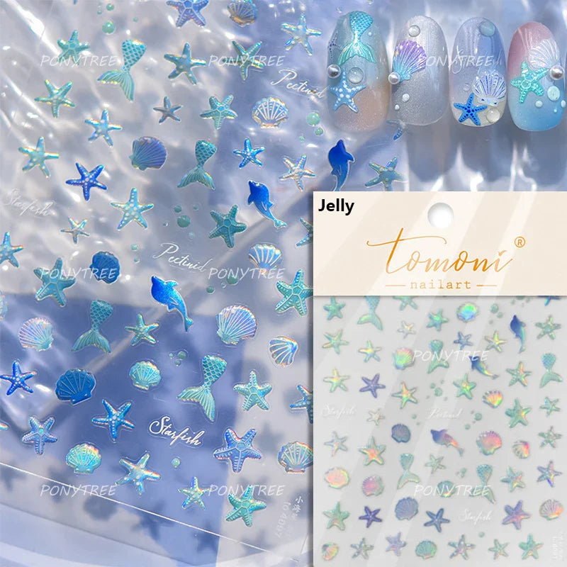 Bagful Brocaded Carp Goldfish Jellyfish Water Bubbles Seahorse Ocean Starfish Whale Adhesive Nail Art Stickers Manicure Decals (ONLINE ORDER ONLY)
