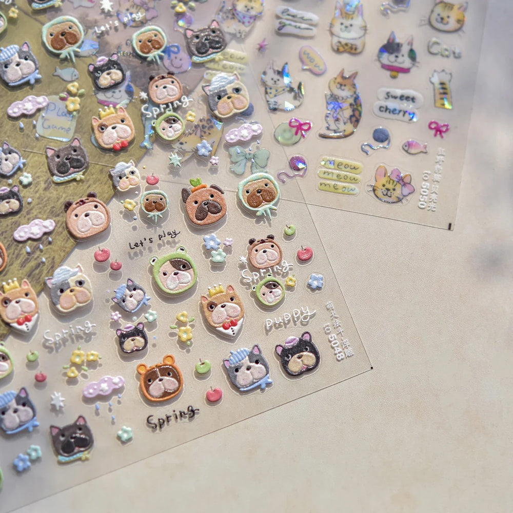 Cute Leopard Cat Ginger Cat Paw Bowknot Knitting Wool Ball Fish Self Adhesive Nail Art Stickers IllusionChic Manicure Decals (ONLINE ORDER ONLY)
