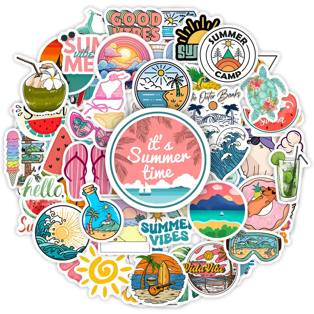 Summer Stickers Beach Surfing DIY Kids Toy Gift for Phones Laptops Bottles Cars Luggage Decorative Graffiti Waterproof Decal (ONLINE ORDER ONLY)