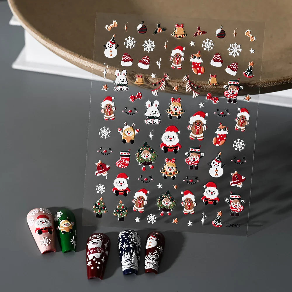 5D Embossed Gingerbread Man Nail Art Sticker Cute Christmas Winter Santa Claus Snowflake Elk Engraved Slider Manicure Decoration (ONLINE ORDER ONLY)