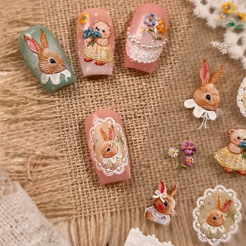 Rabbit Bunny Bear Flower Lace Bowknot Retro Frame Rose Self Adhesive Nail Art Decoration Stickers Chic Manicure Decals Wholesale (ONLINE ORDER ONLY)