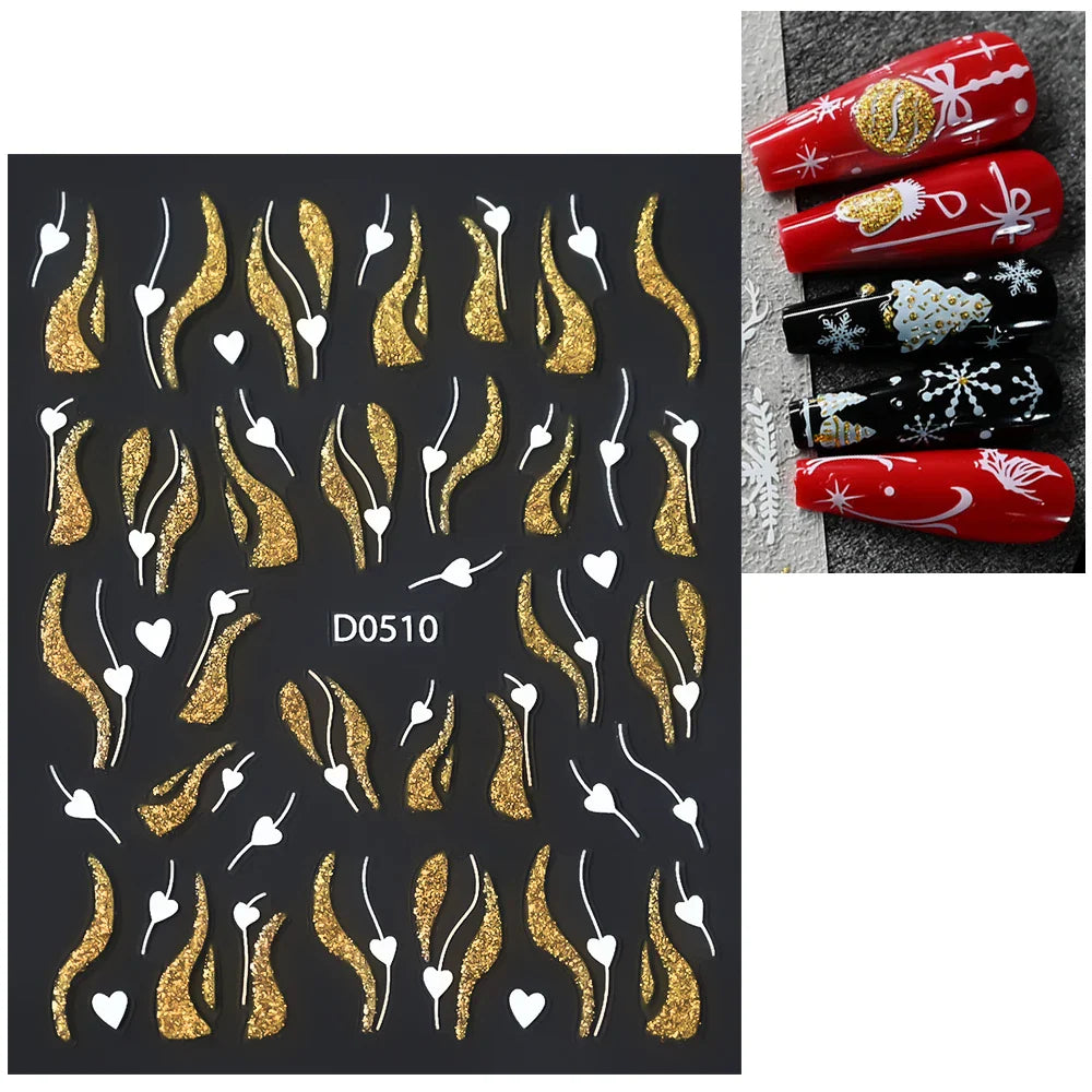 1pc Christmas Nail Sticker 3D Gold Glitter Snowflake Elk Penguin Bells Design Adhesive Nail Slider Decals Winter Manicure Decor* (Online Order Only)